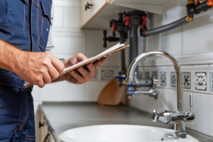 Plumber Writing Notes During Kitchen Sink Inspection