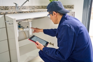 Plumbing Expert with Tablet Inspecting Pipes for Quality Check in a Home