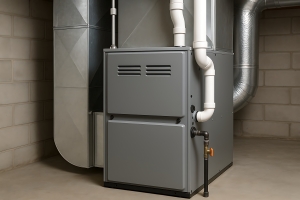 A Modern Gray Furnace Installed in a Basement Featuring Ductwork and Ventilation Pipes
