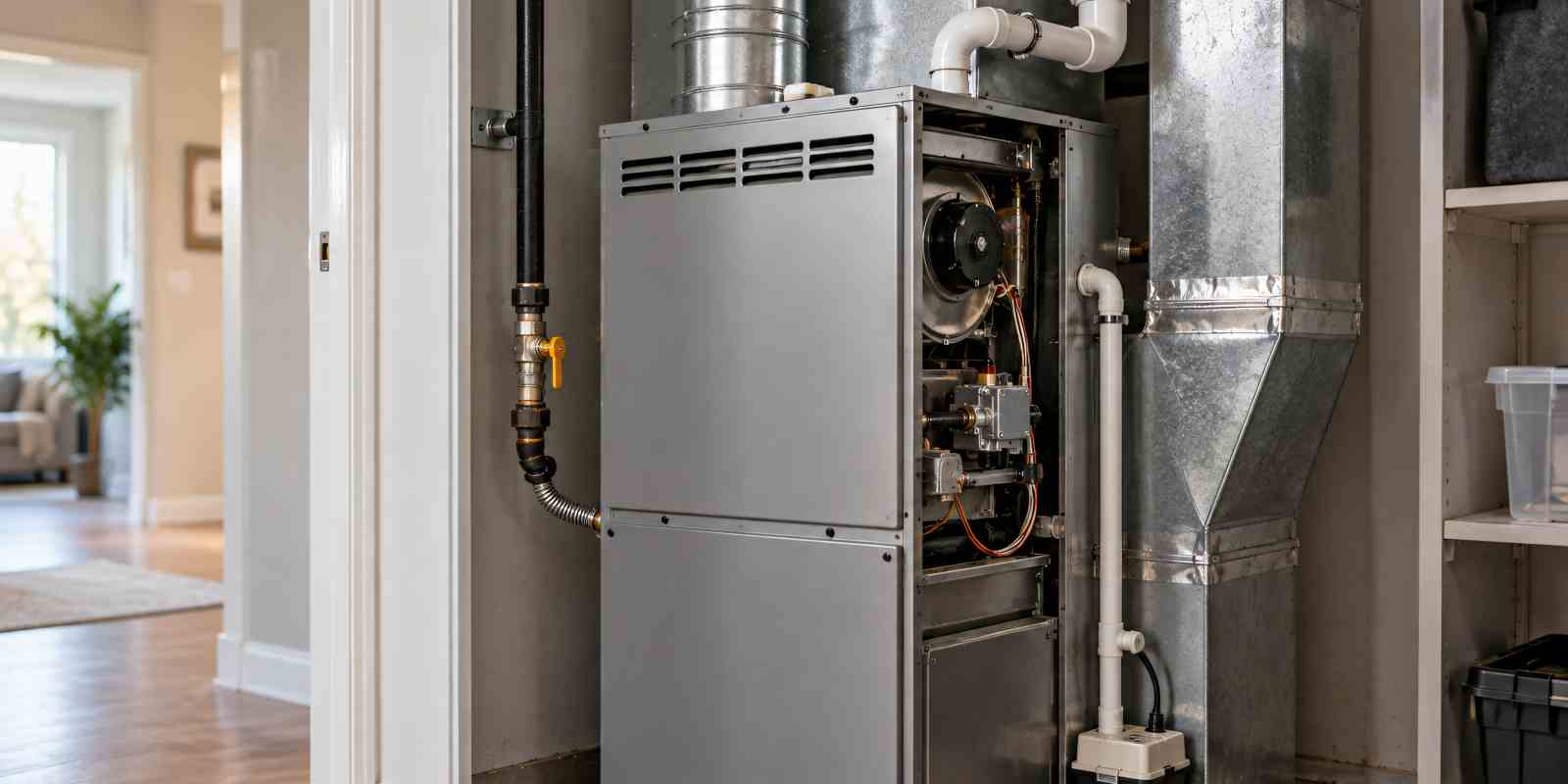 Gas Furnace in a Utility Closet with Ductwork in a Modern Home