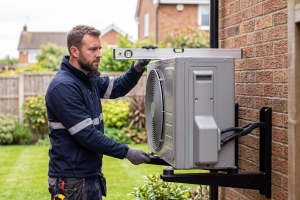 HVAC Technician Leveling Heat Pump Outdoor Unit During Installation on a Brick Wall