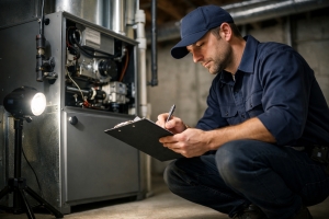 Local Technician Inspecting Residential Furnace System and Taking Notes