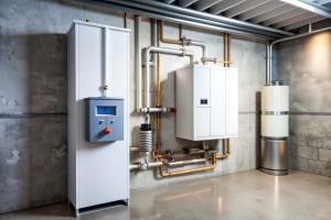Modern High-Efficiency Boiler Unit Installed in a Residential Basement