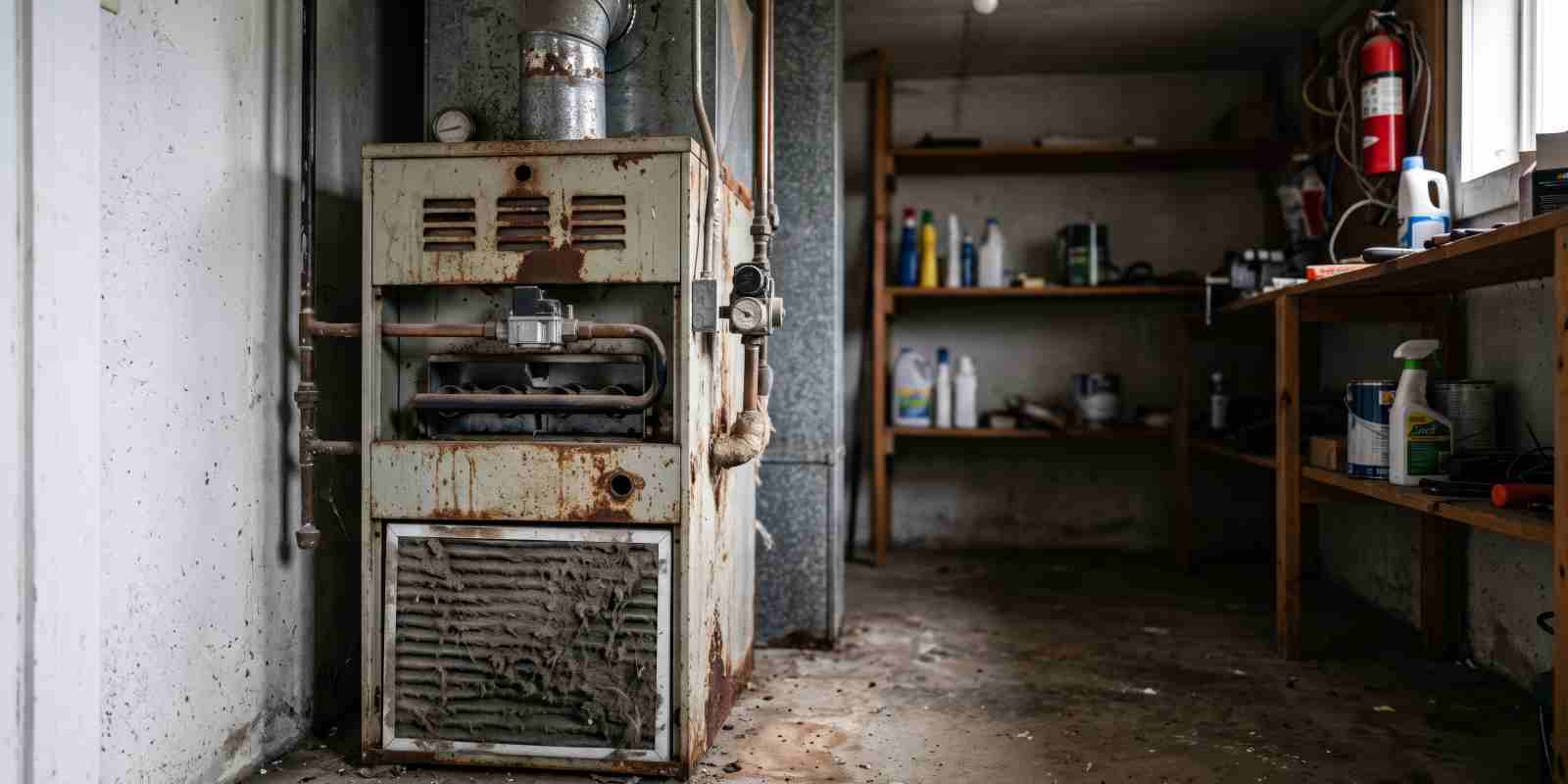 Old Rusty Gas Furnace in a Cluttered Basement Utility Room