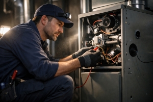 Professional HVAC Technician Inspecting Residential Furnace System in Basement