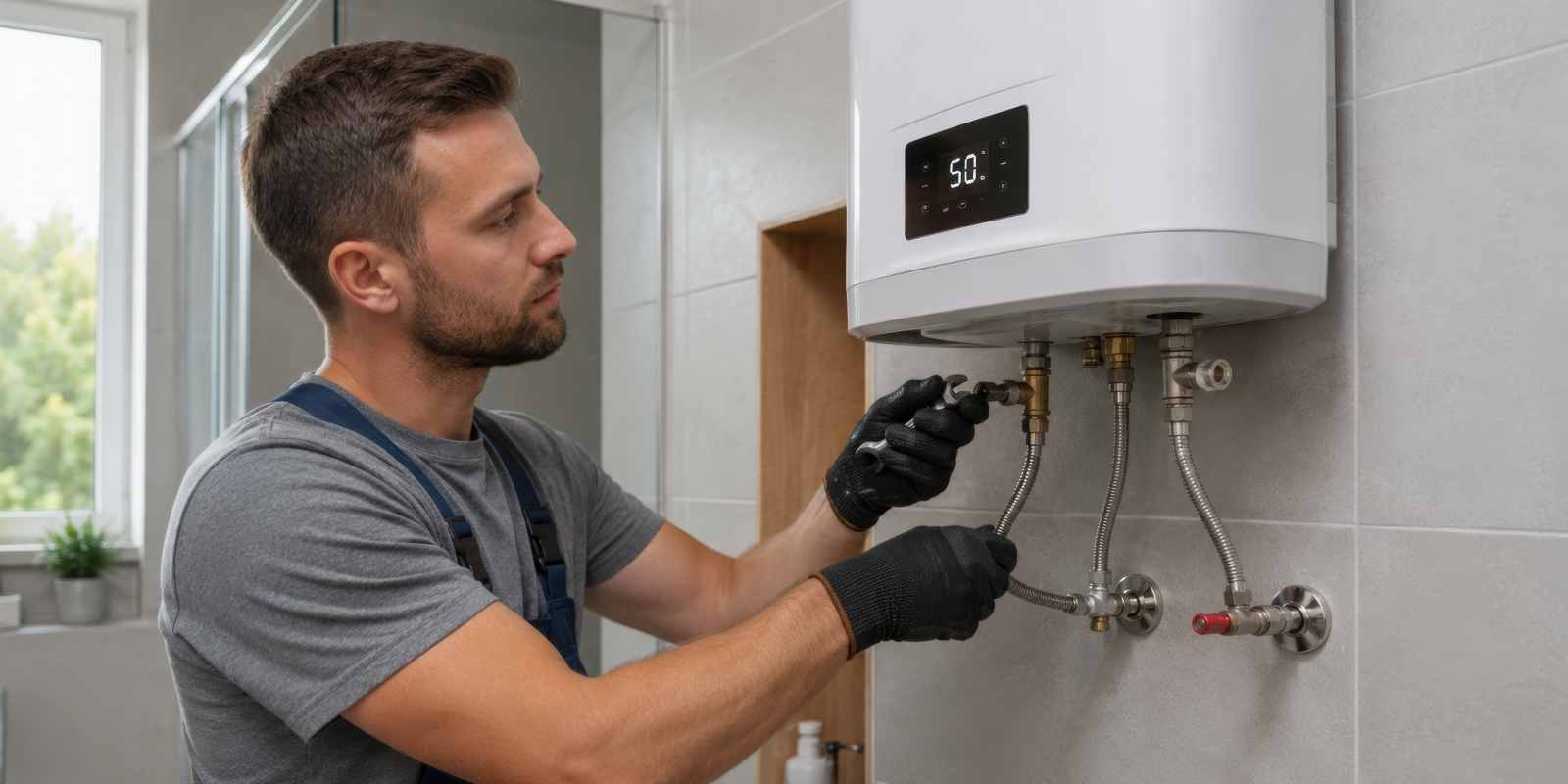 Professional Plumber Installing Boiler in a Home