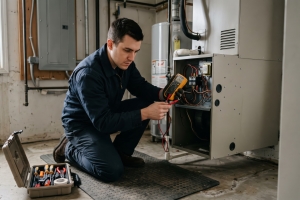 Technician Using a Digital Multimeter to Check Furnace Fault