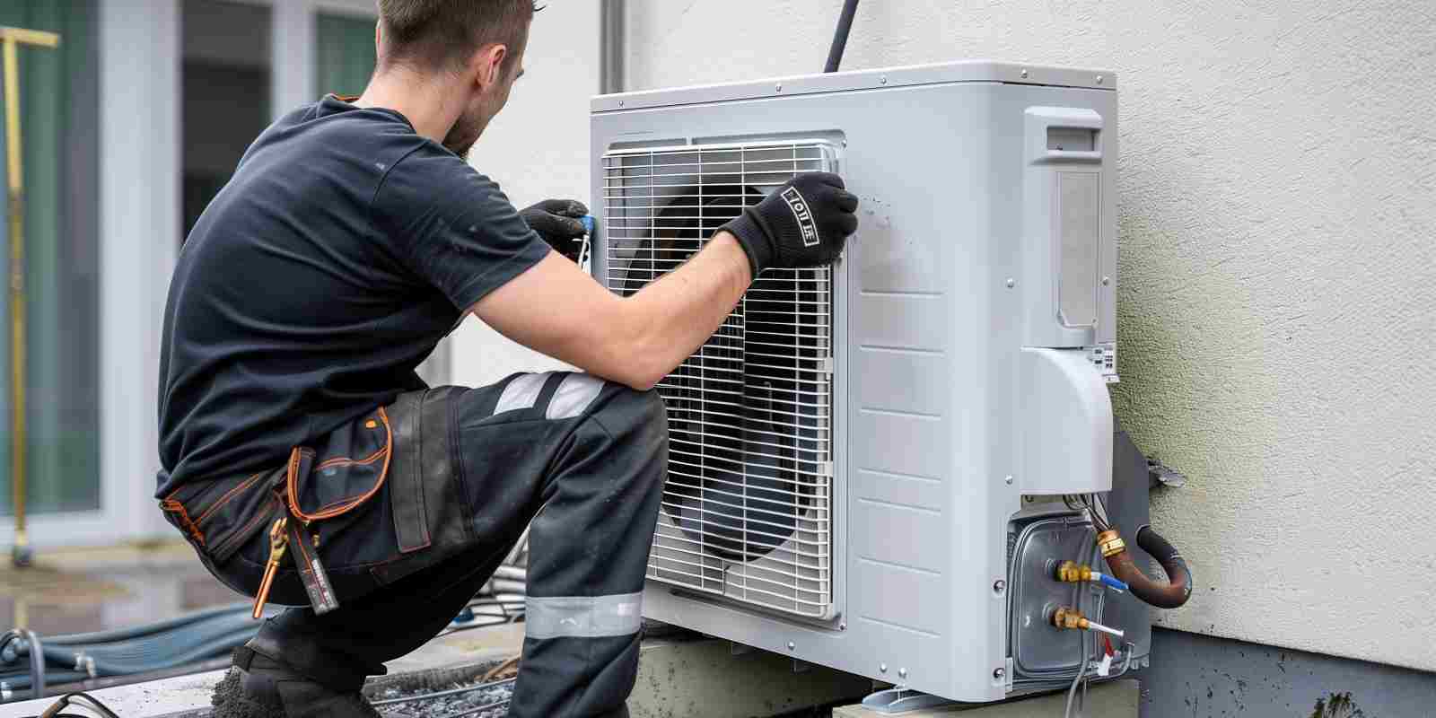 Worker Installing Heat Pump Unit Outdoors at a House